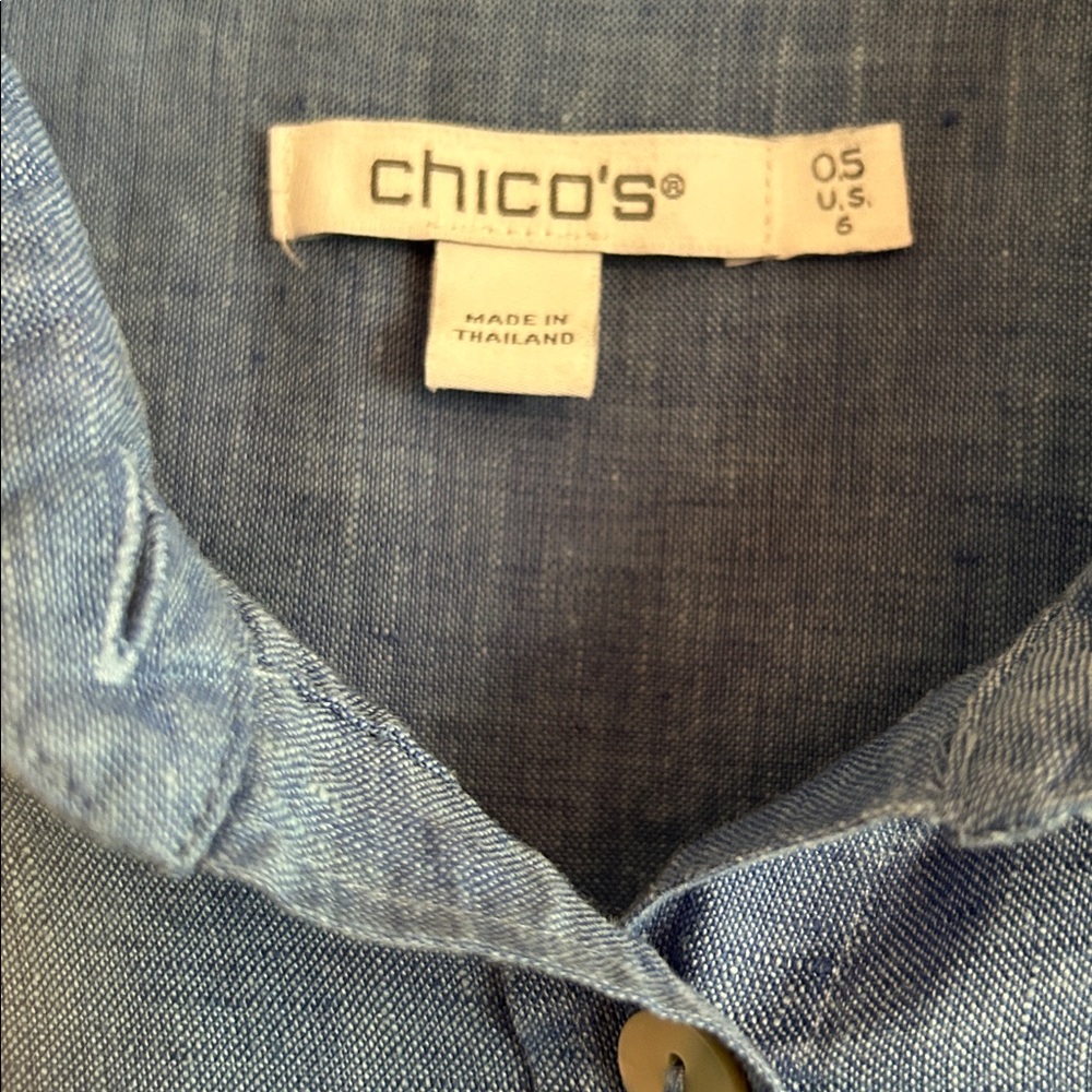 Chicos Top Womens SZ 6 Blue 100% Linen Chambray Button Front 3/4 Sleeves Casual - Picture 4 of 7